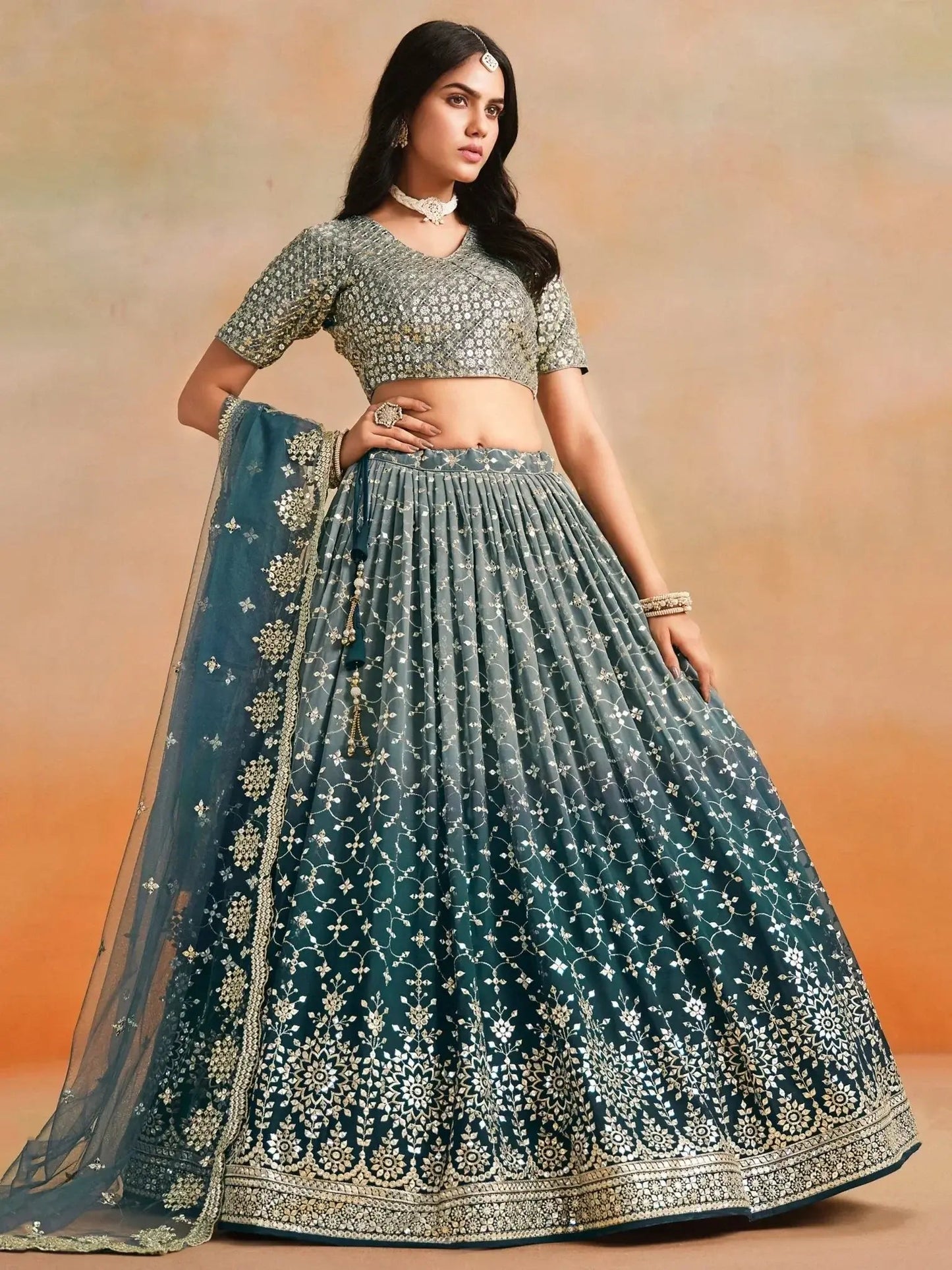 Glamorous Dove Blue Sequins Embroidered Georgette Lehenga Choli
