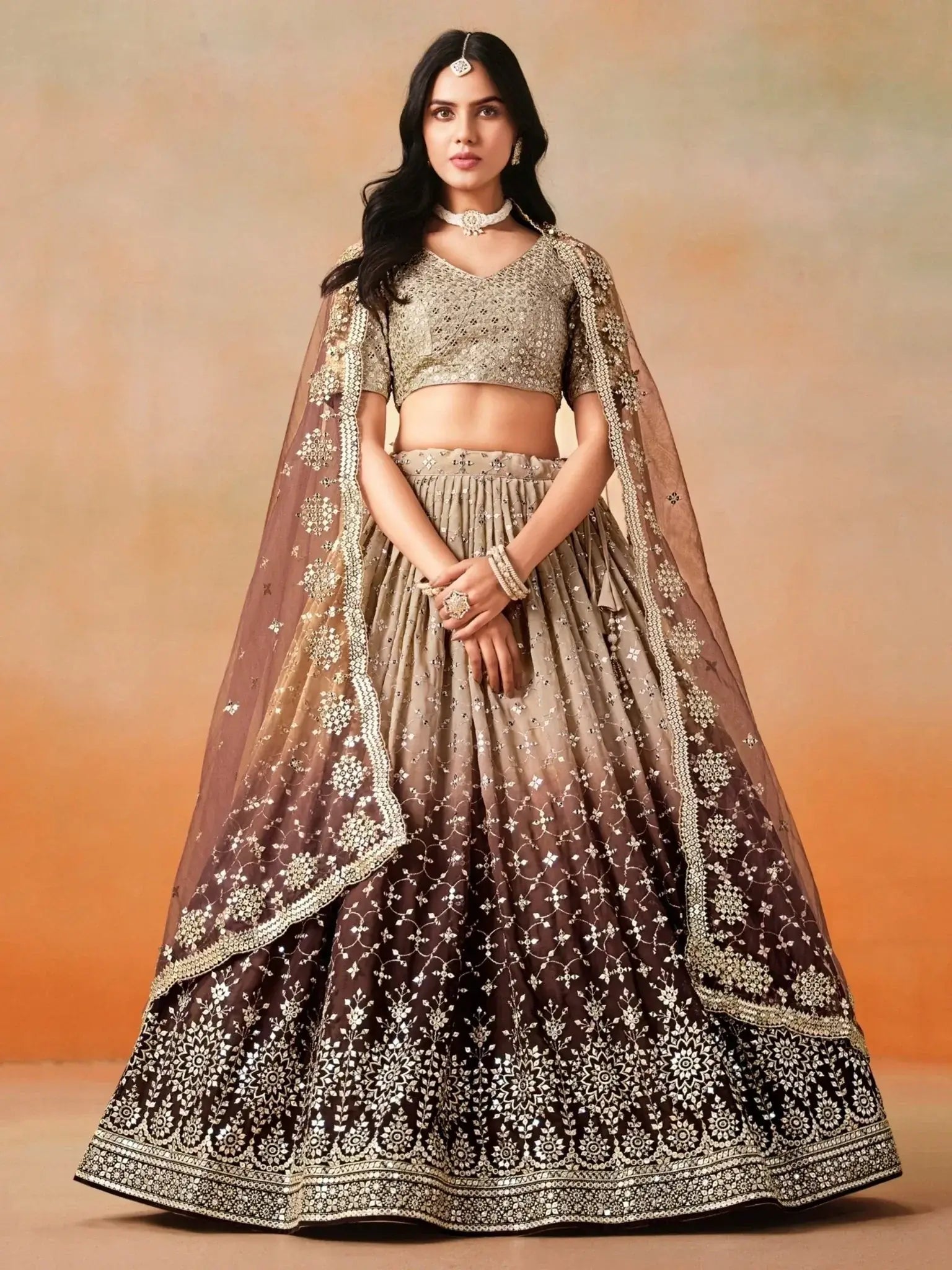 Gorgeous Brown Georgette Zari Embroidered Lehenga Choli With Dupatta - Ethnic Plus In