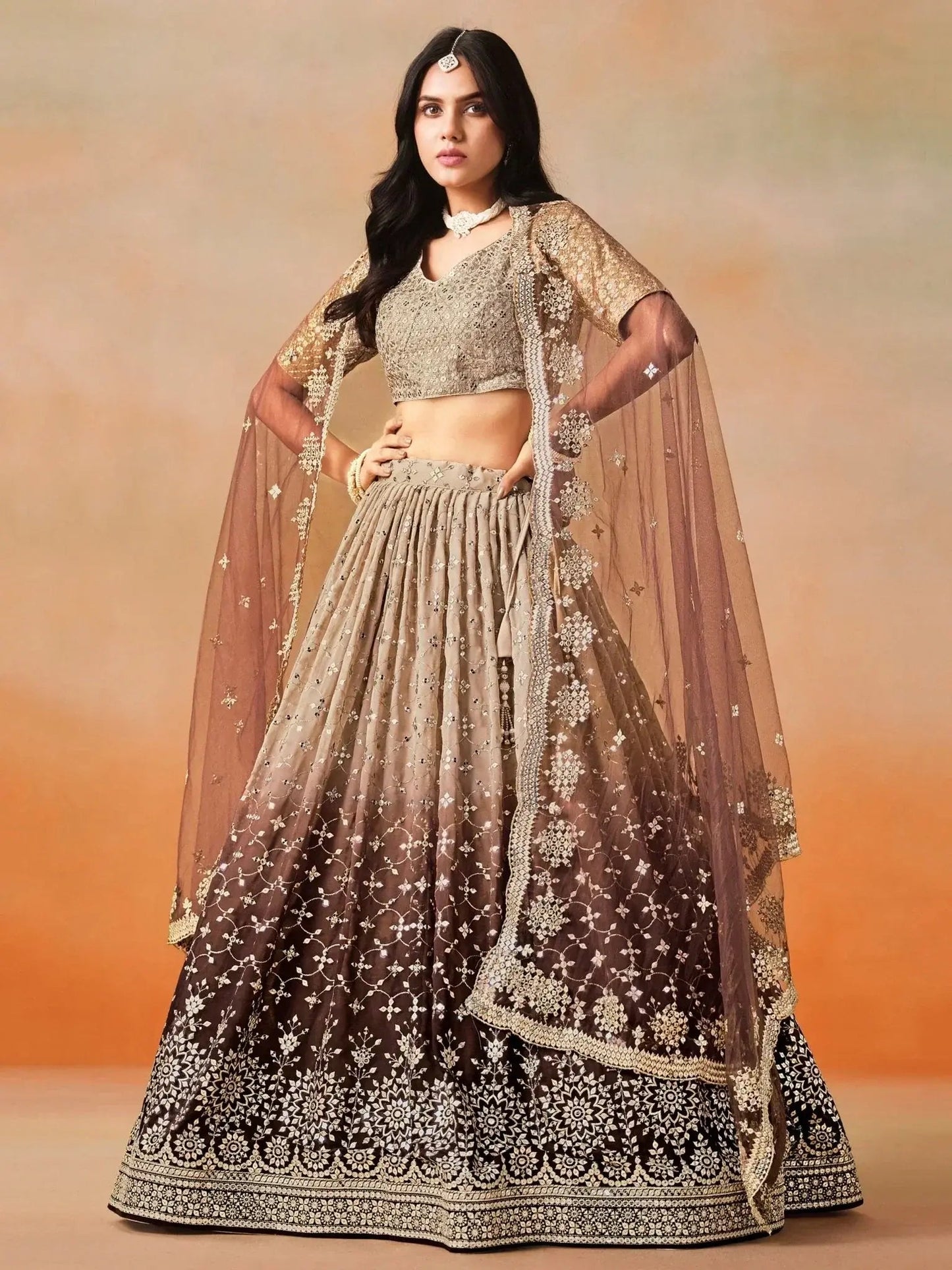 Gorgeous Brown Georgette Zari Embroidered Lehenga Choli With Dupatta