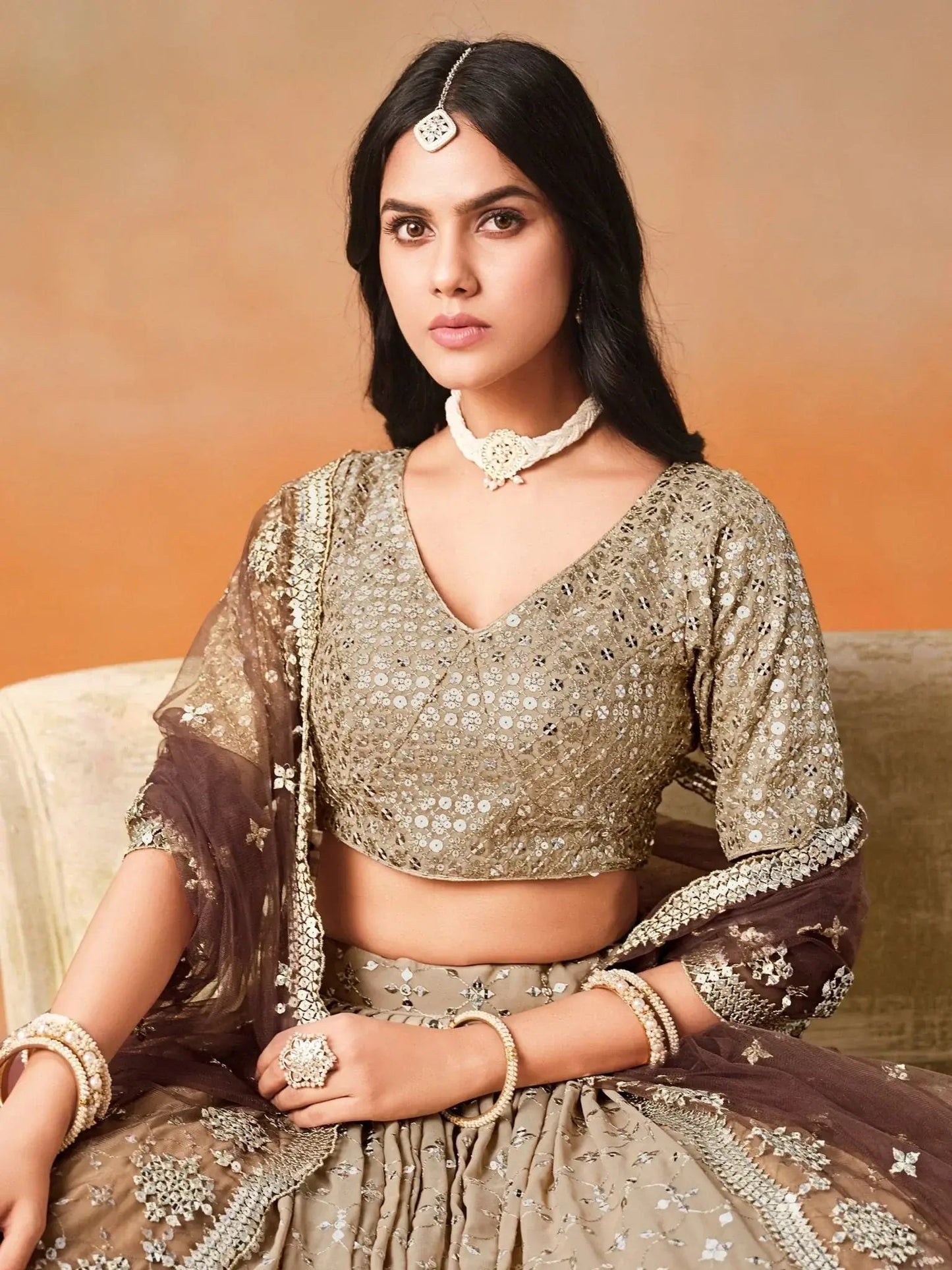 Gorgeous Brown Georgette Zari Embroidered Lehenga Choli With Dupatta