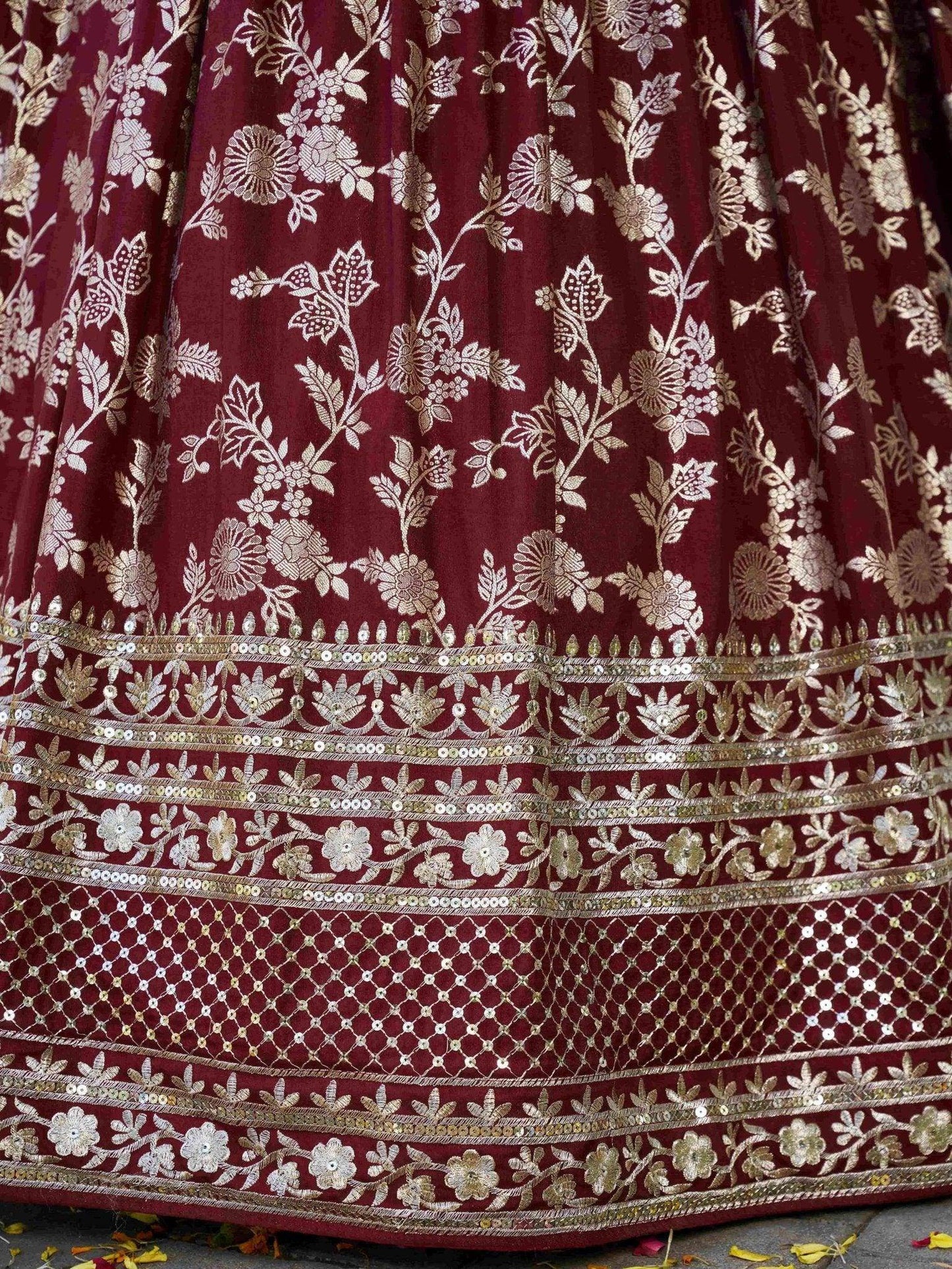 Impressive Maroon Thread Work Silk Lehenga Choli With Dupatta