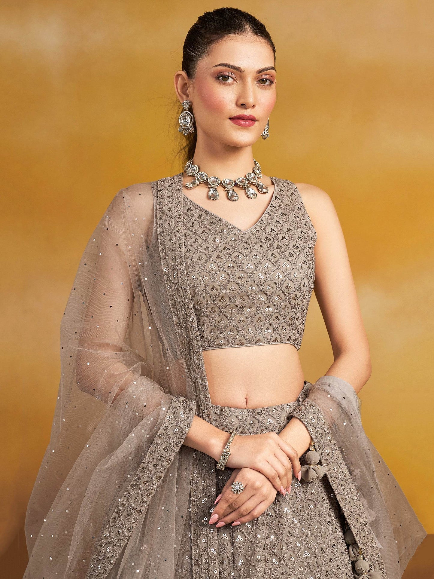 Lovely Grey Thread Embroidered Georgette Lehenga Choli With Dupatta