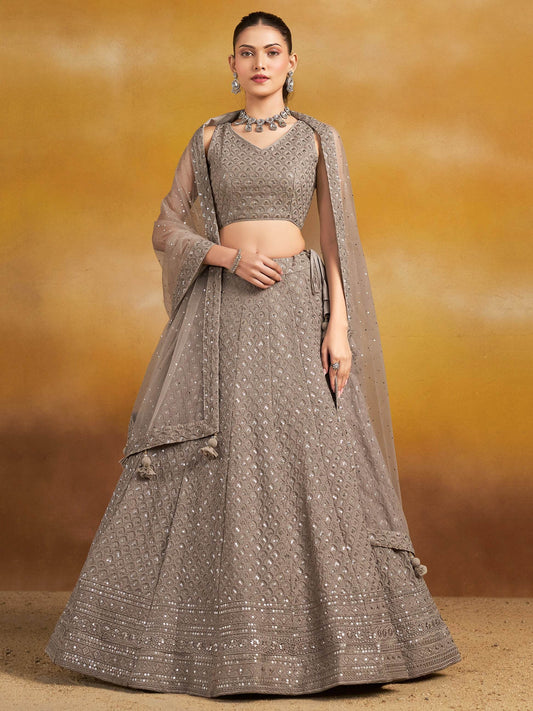 Lovely Grey Thread Embroidered Georgette Lehenga Choli With Dupatta - Zeel Clothing