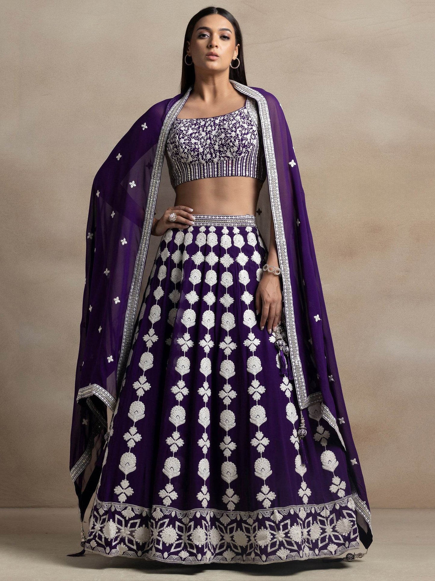 Mesmerizing Purple Thread Work Georgette Engagement Wear Lehenga Choli With Dupatta