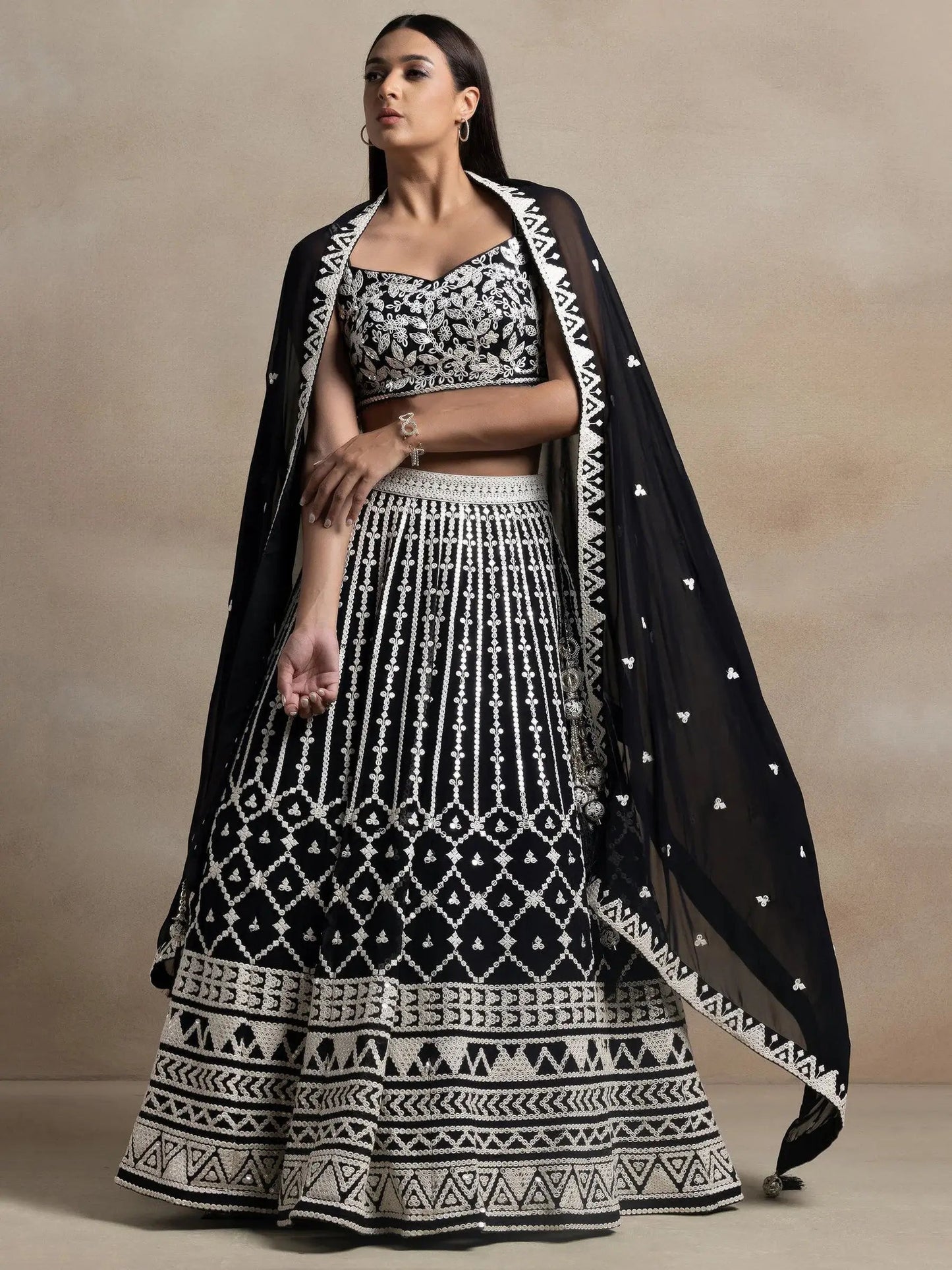 Precious Black Thread Work Georgette Engagement Wear Lehenga Choli