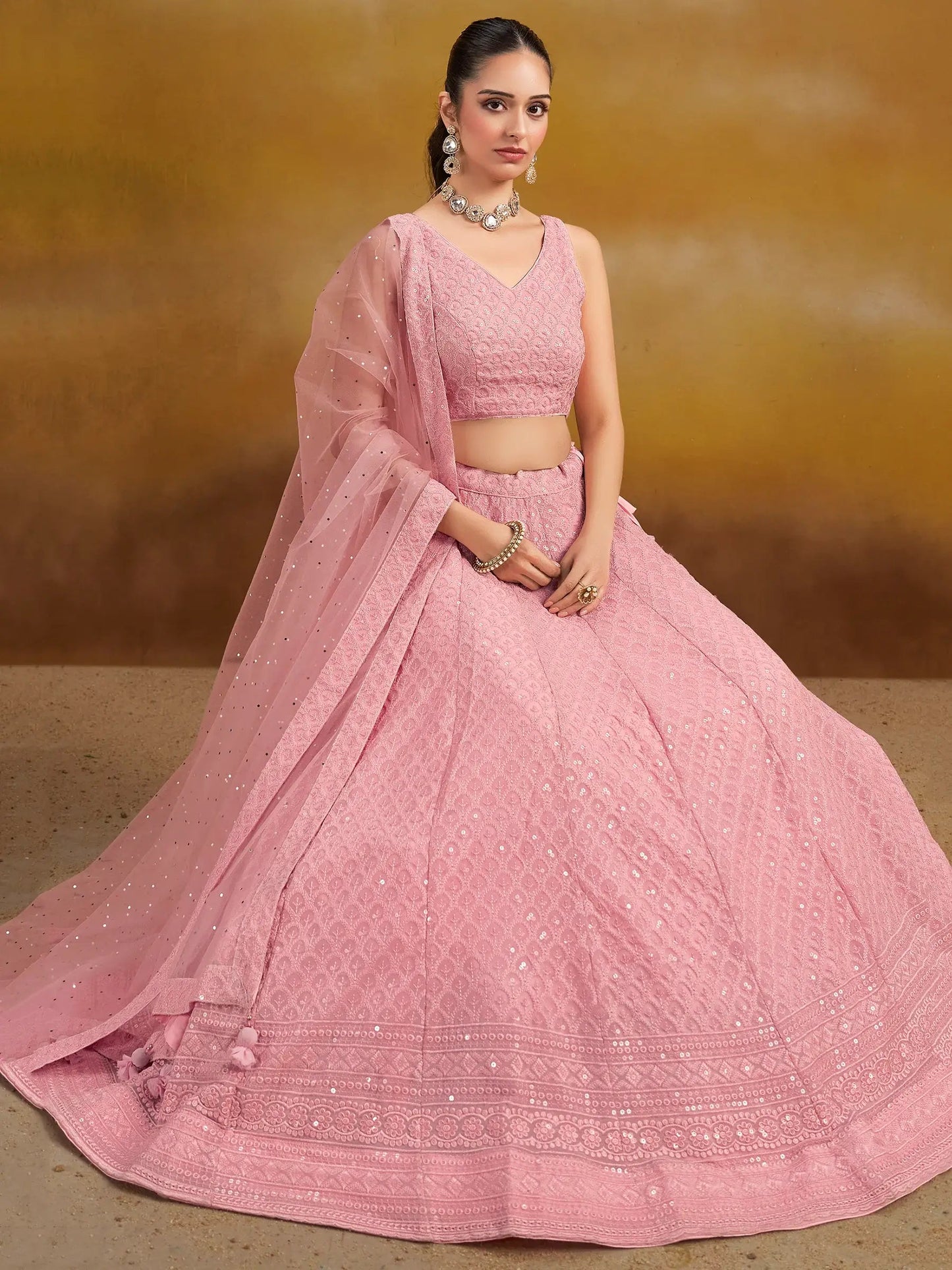 Precious Pink Sequins Georgette Festival Wear Lehenga Choli