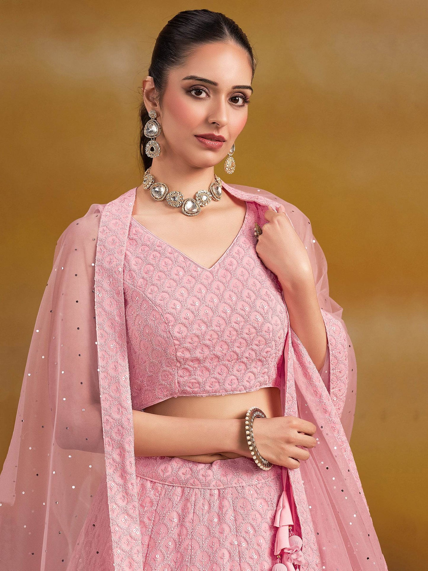 Precious Pink Sequins Georgette Festival Wear Lehenga Choli