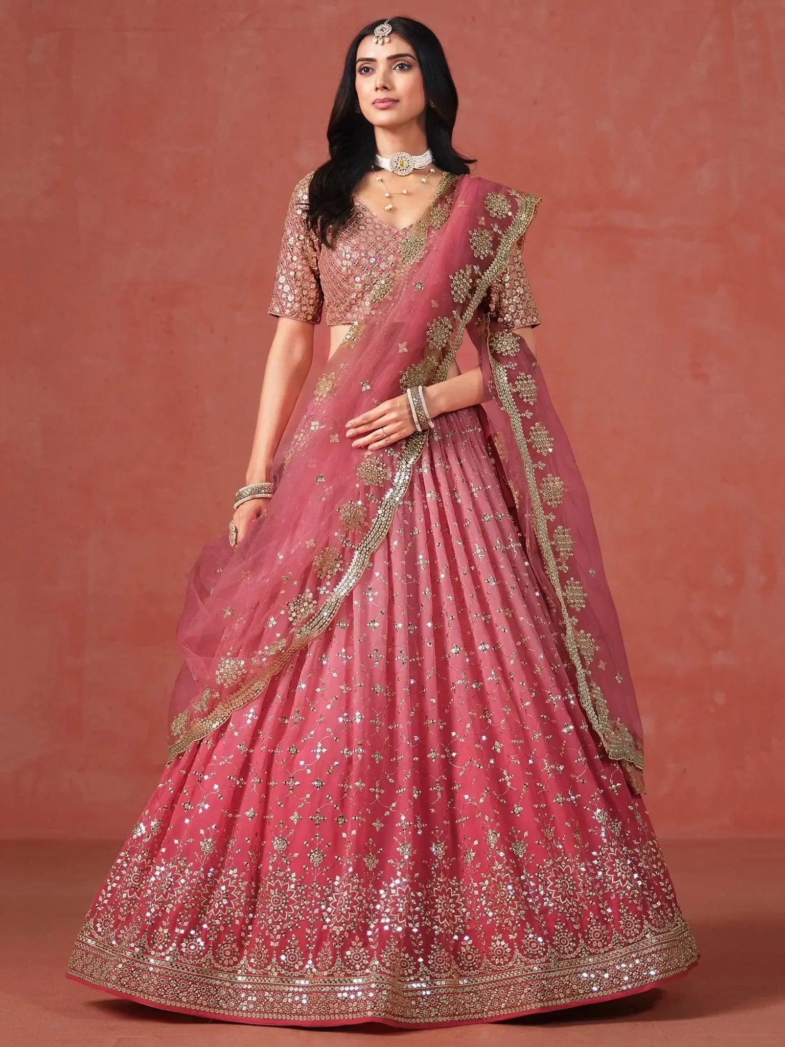 Stunning Peach Georgette Sequins Lehenga Choli - Ethnic Plus In