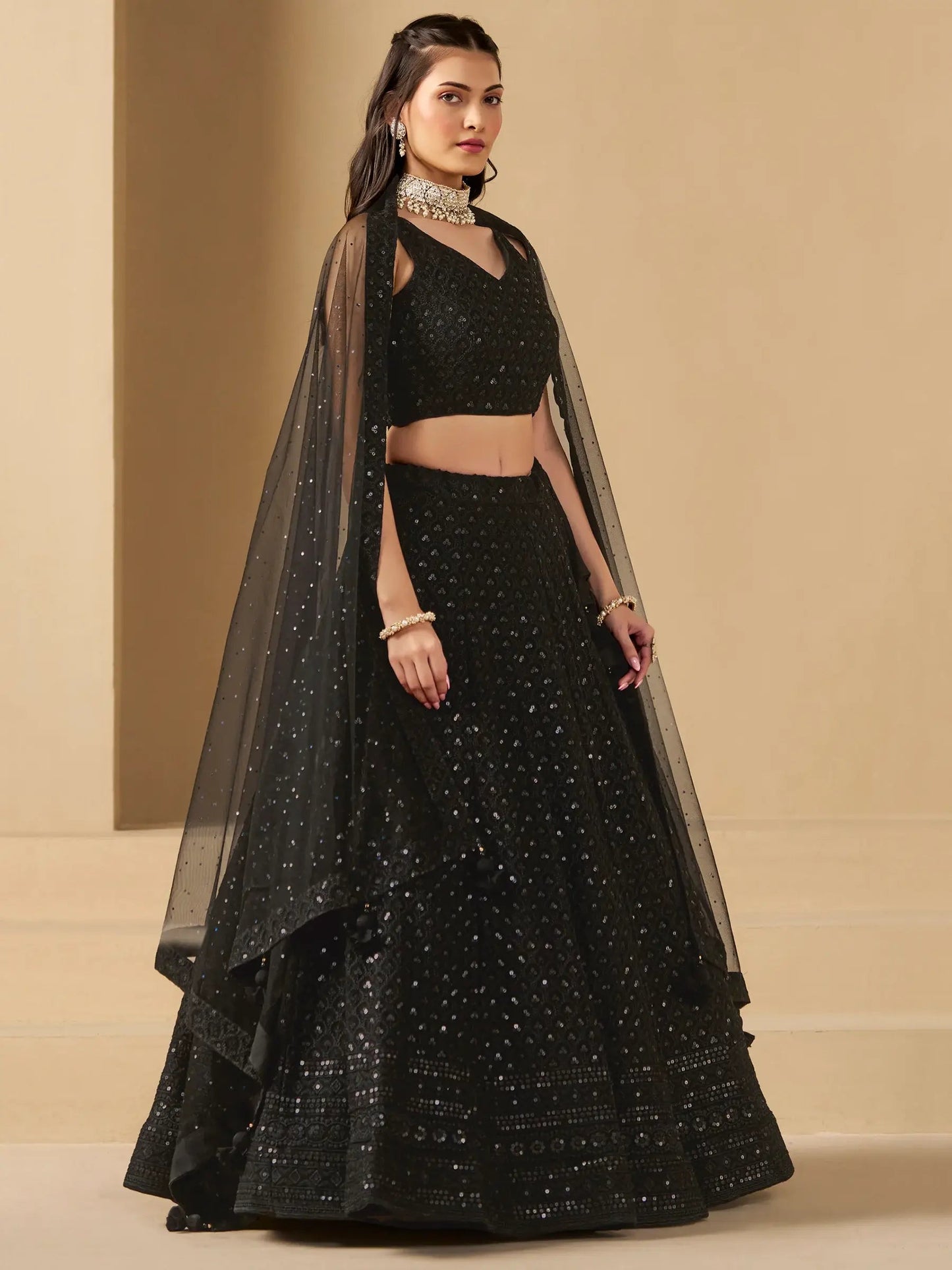 Wonderful Black Sequins Georgette Reception Wear Lehenga Choli