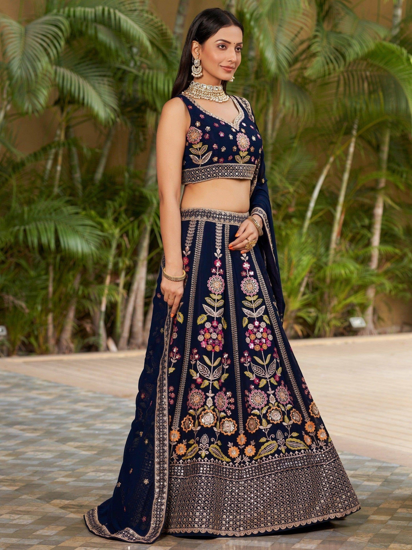 Wonderful Navy-Blue Multi-Thread Embroidered Georgette Lehenga Choli