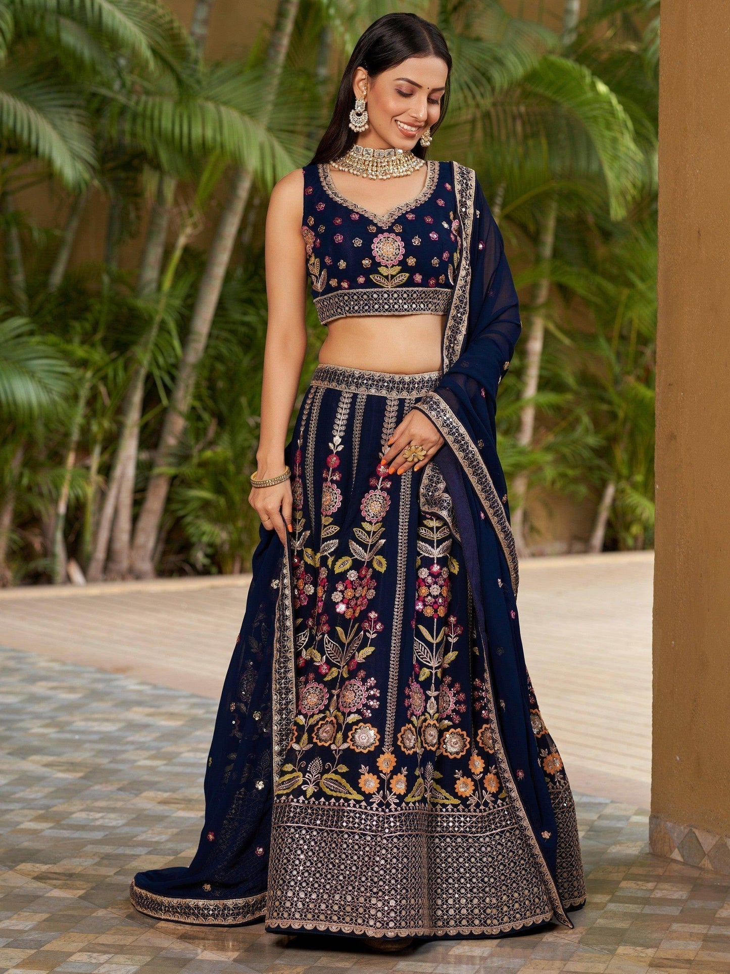 Wonderful Navy-Blue Multi-Thread Embroidered Georgette Lehenga Choli