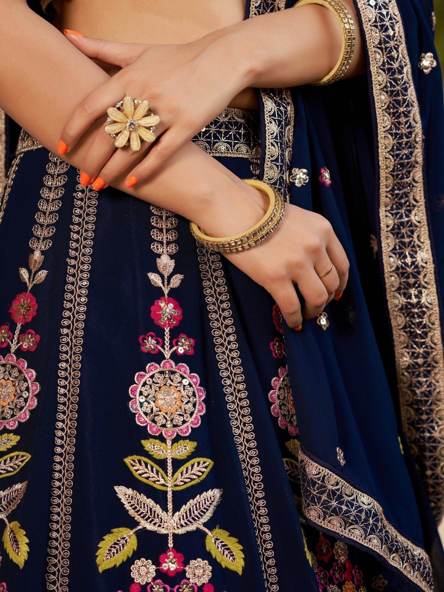 Wonderful Navy-Blue Multi-Thread Embroidered Georgette Lehenga Choli