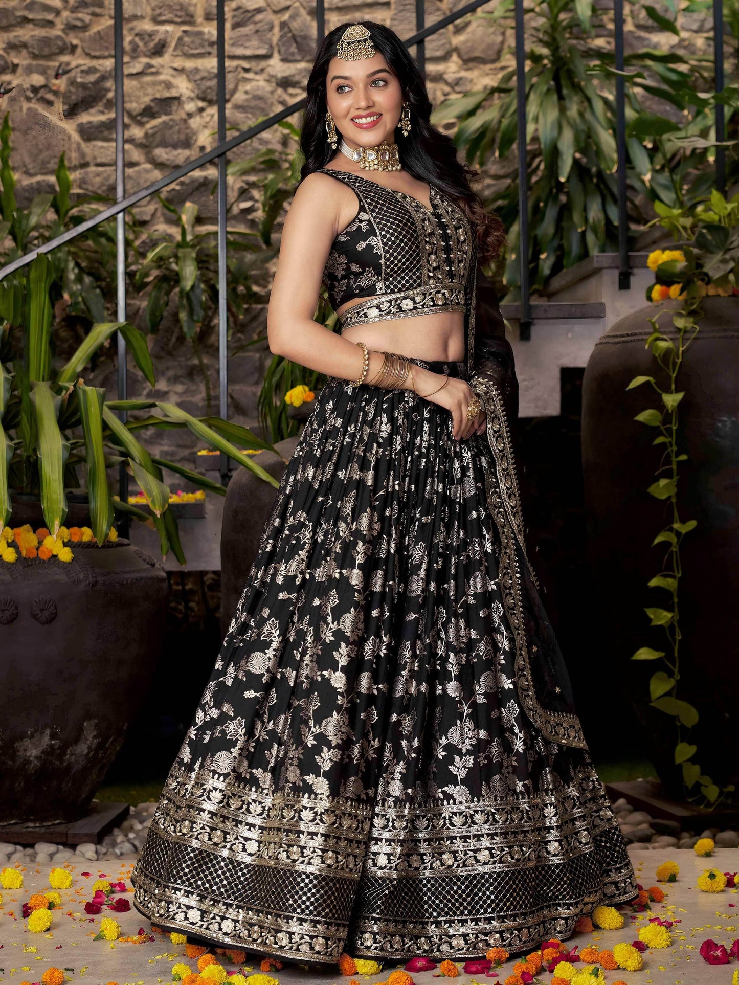 Delicate Black Silk Zari Embroidered Lehenga Choli With Dupatta