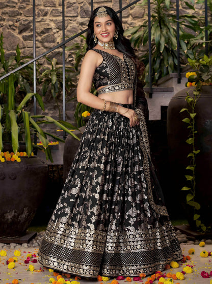 Delicate Black Silk Zari Embroidered Lehenga Choli With Dupatta