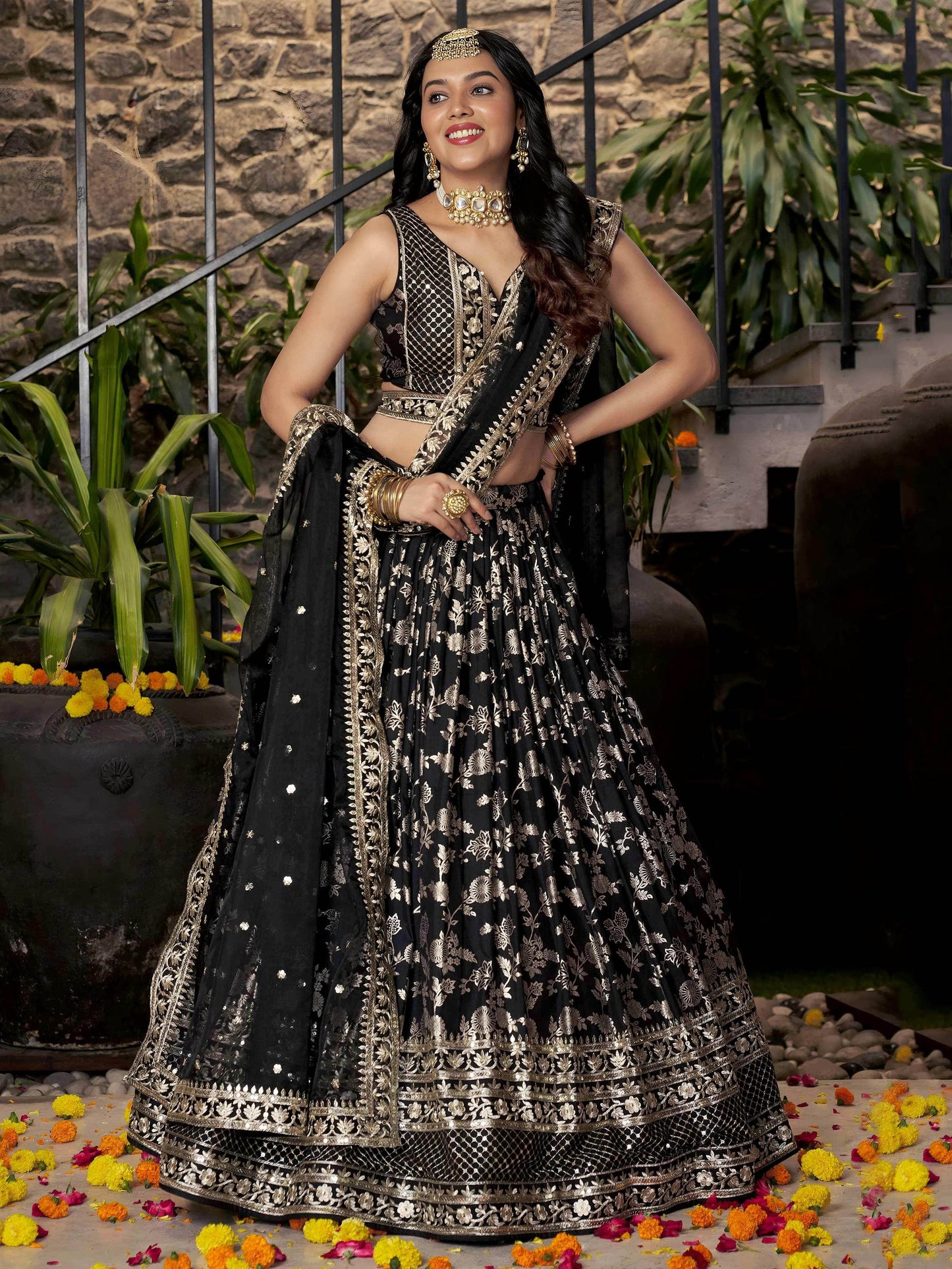 Delicate Black Silk Zari Embroidered Lehenga Choli With Dupatta