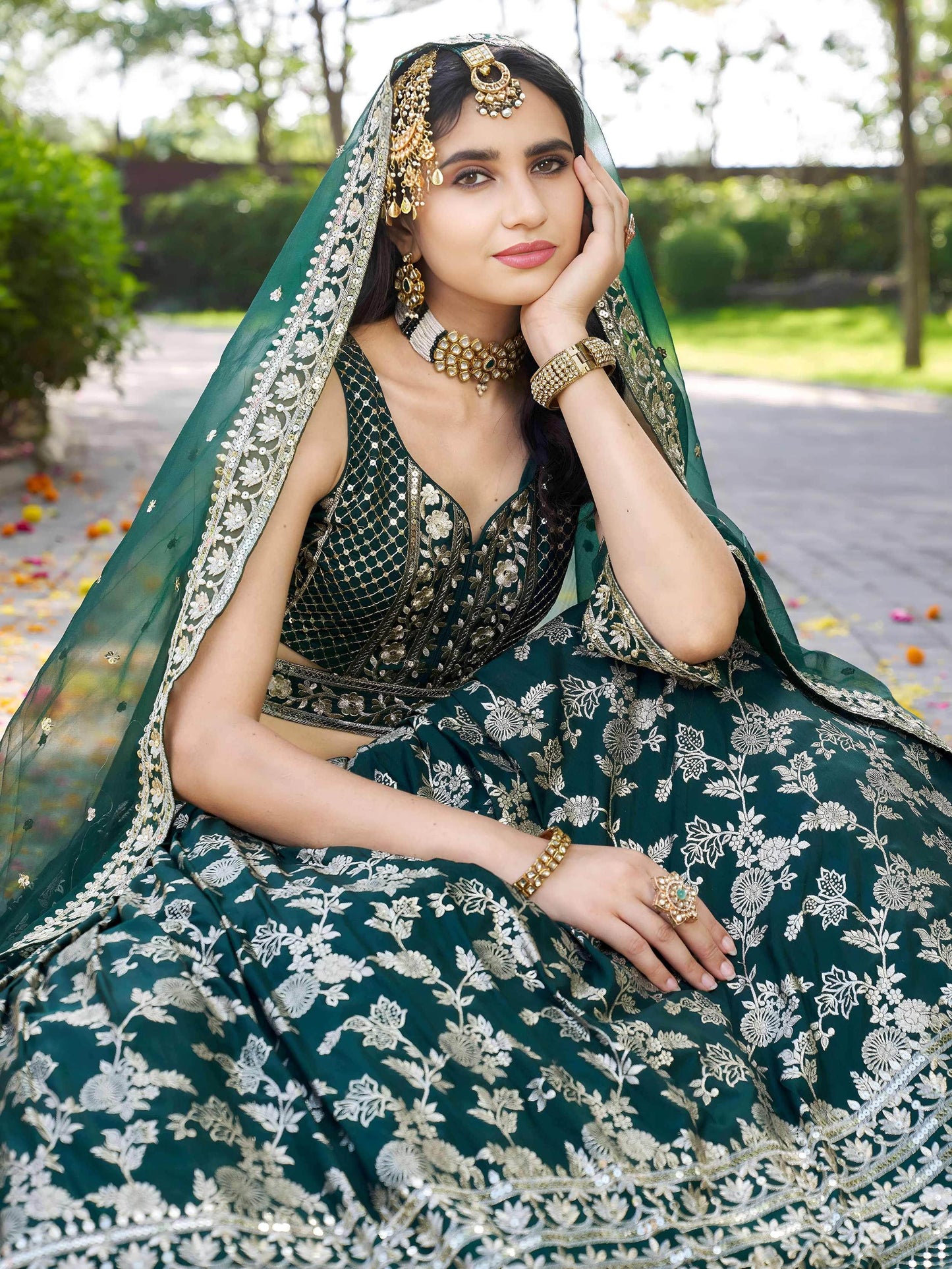 Feminine Green Sequins Mehendi Wear Lehenga Choli