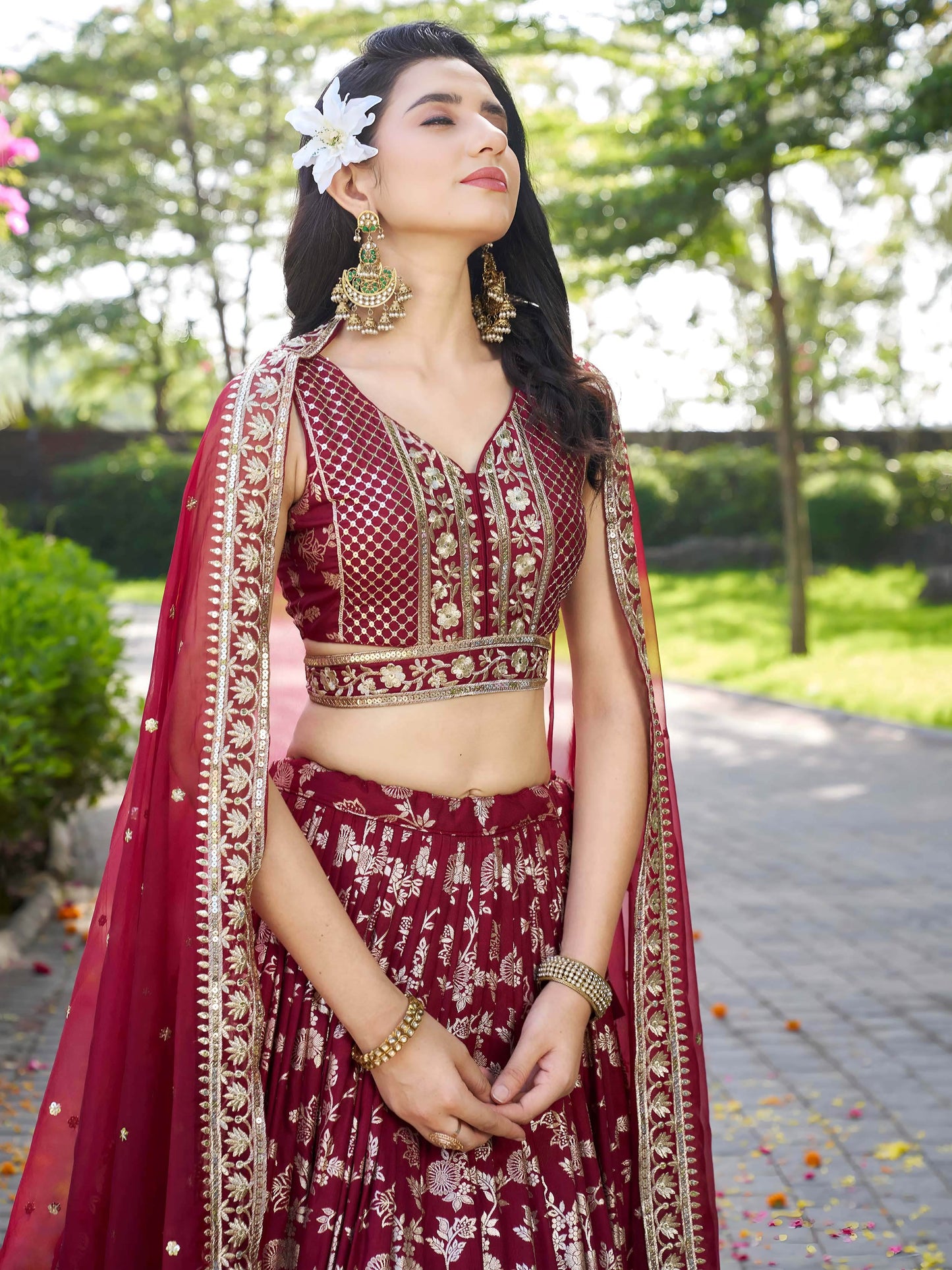 Impressive Maroon Thread Work Silk Lehenga Choli With Dupatta
