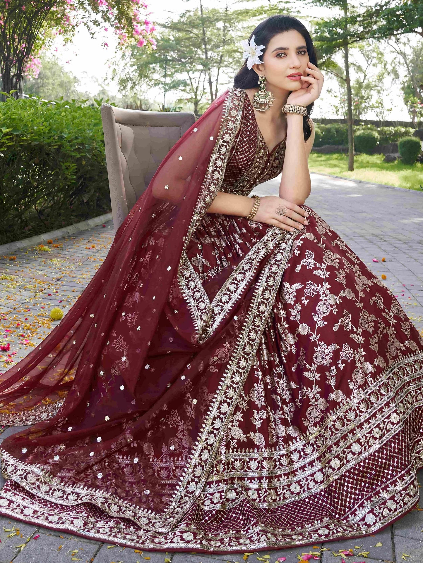 Impressive Maroon Thread Work Silk Lehenga Choli With Dupatta