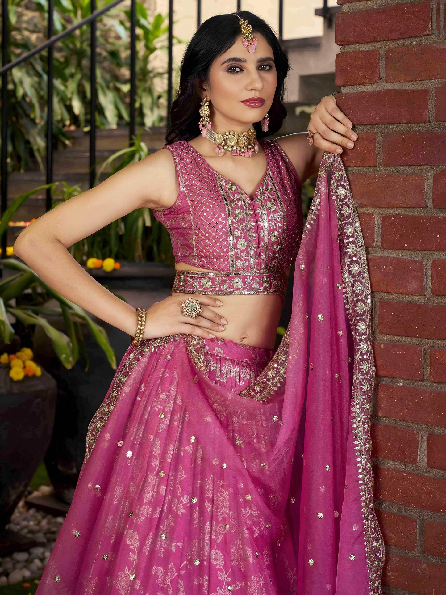Bold Pink Silk Engagement Wear Lehenga Choli With Dupatta