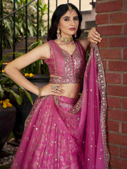 Bold Pink Silk Engagement Wear Lehenga Choli With Dupatta