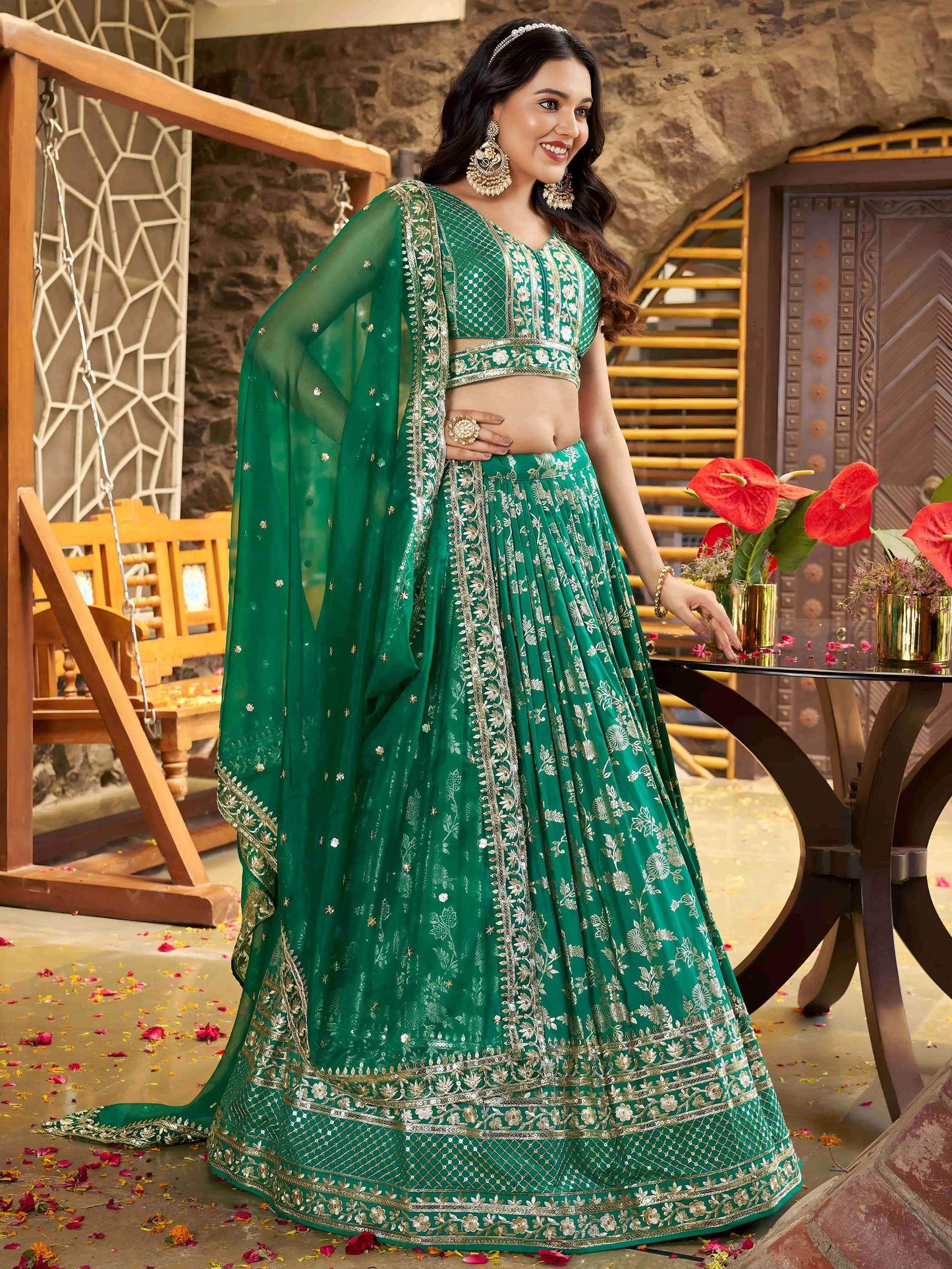 Rich Rama Green Zari Embroidered Traditional Lehenga Choli