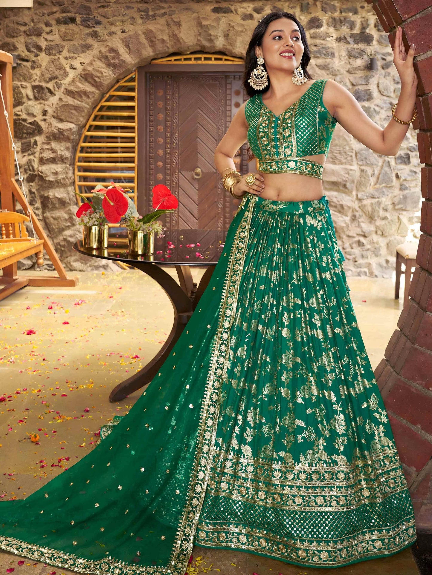 Rich Rama Green Zari Embroidered Traditional Lehenga Choli