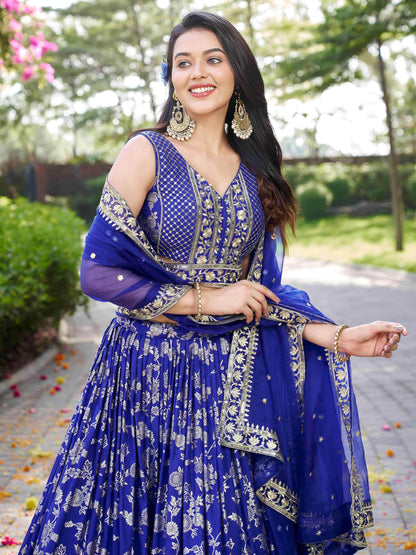 Luxurious Blue Embroidered Zari Silk Lehenga Choli With Dupatta