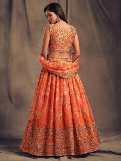 Orange Floral Embroidered Organza Wedding Wear Lehenga Choli