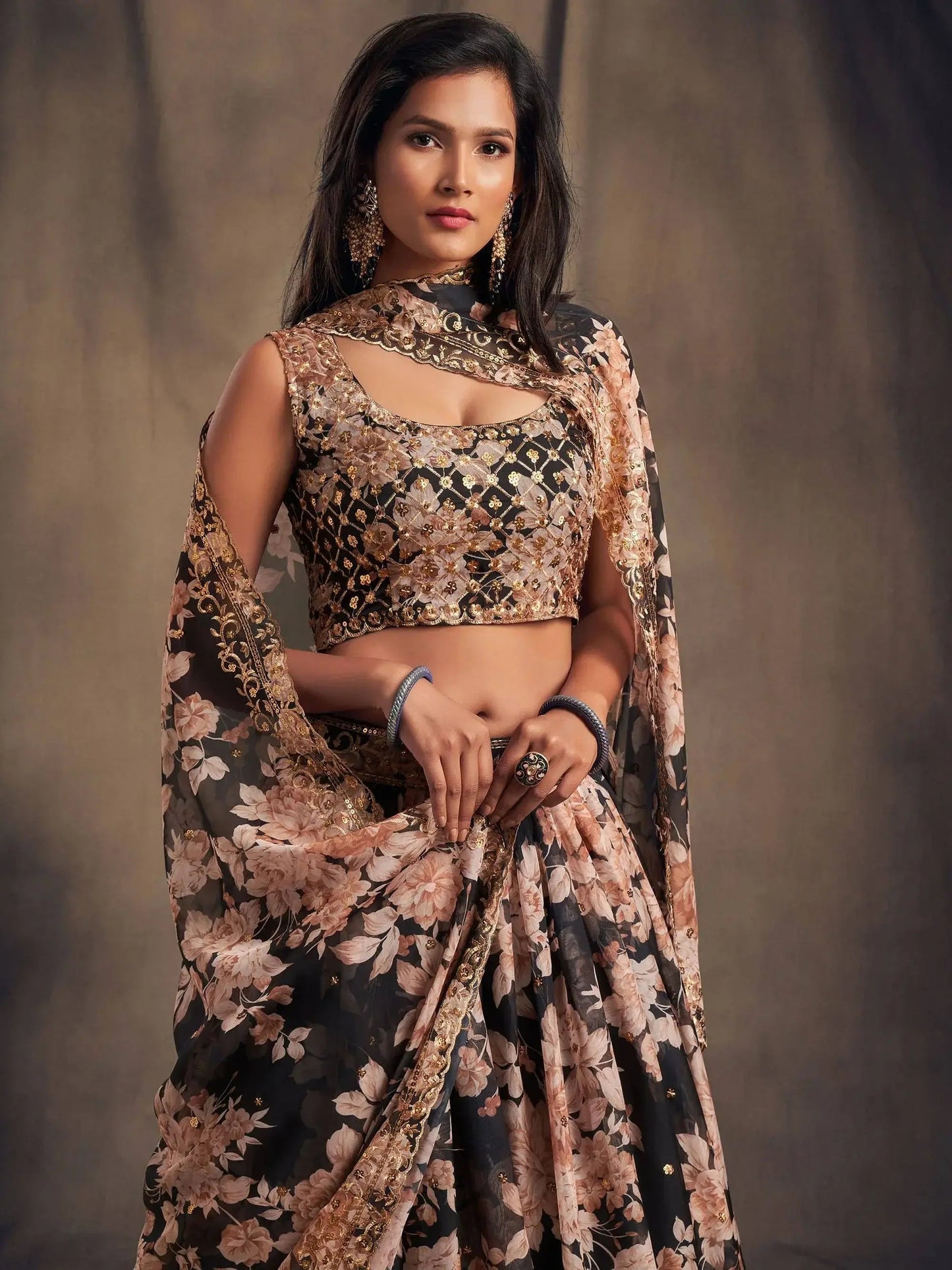 Black Floral Embroidered Organza Wedding Wear Lehenga Choli