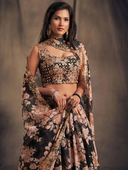 Black Floral Embroidered Organza Wedding Wear Lehenga Choli