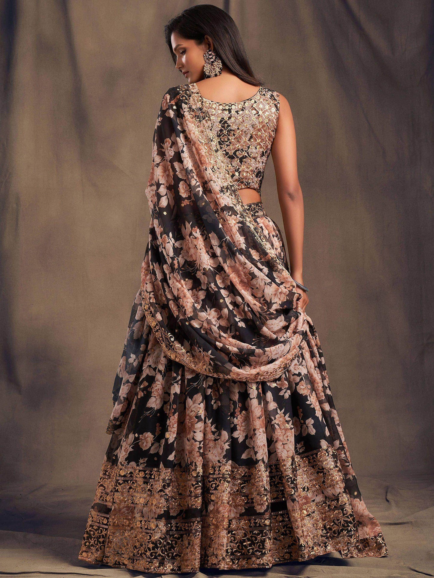 Black Floral Embroidered Organza Wedding Wear Lehenga Choli
