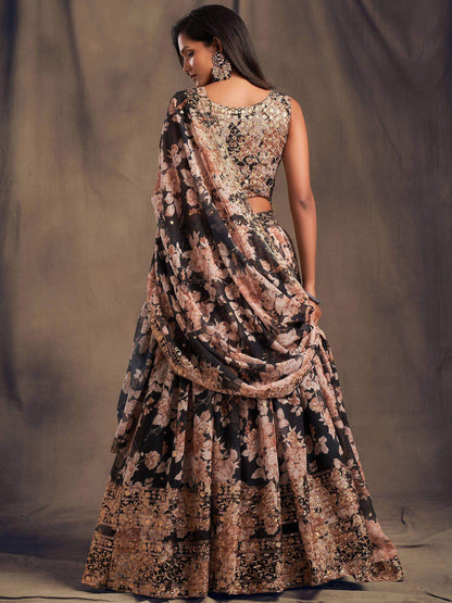 Black Floral Embroidered Organza Wedding Wear Lehenga Choli