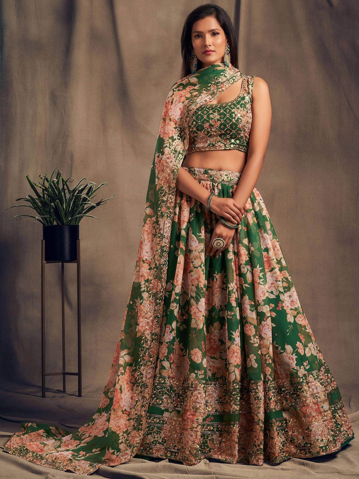 Green Floral Embroidered Organza Wedding Wear Lehenga Choli