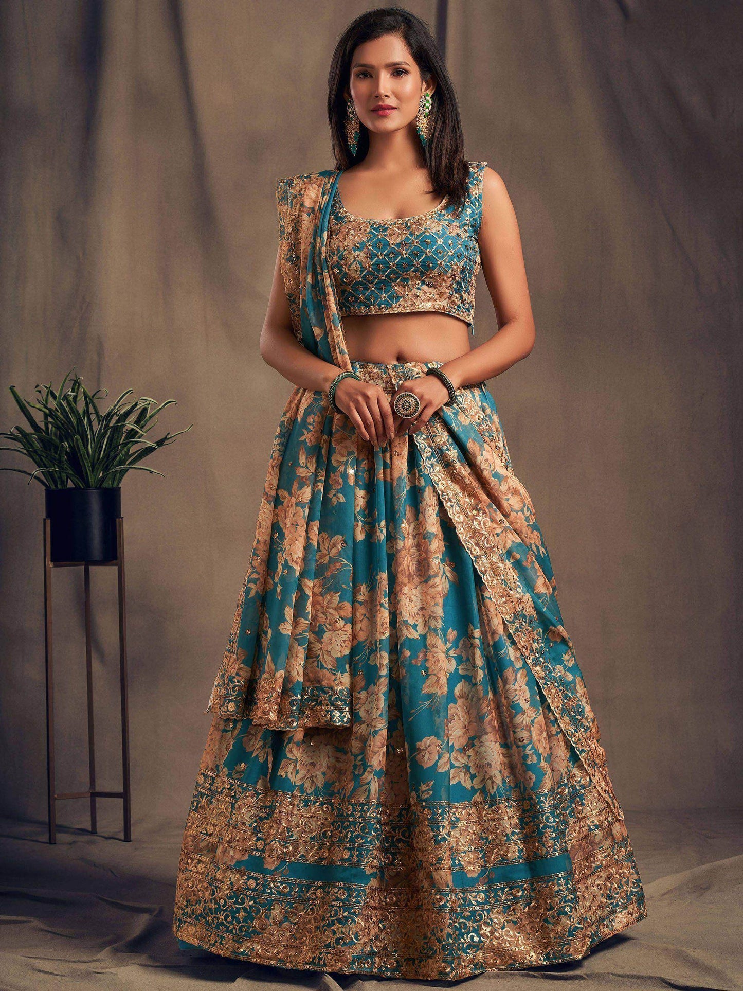 Teal Blue Floral Embroidered Organza Wedding Wear Lehenga Choli
