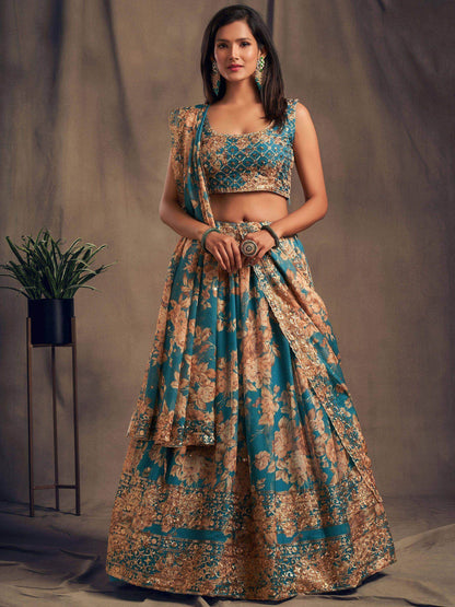 Teal Blue Floral Embroidered Organza Wedding Wear Lehenga Choli