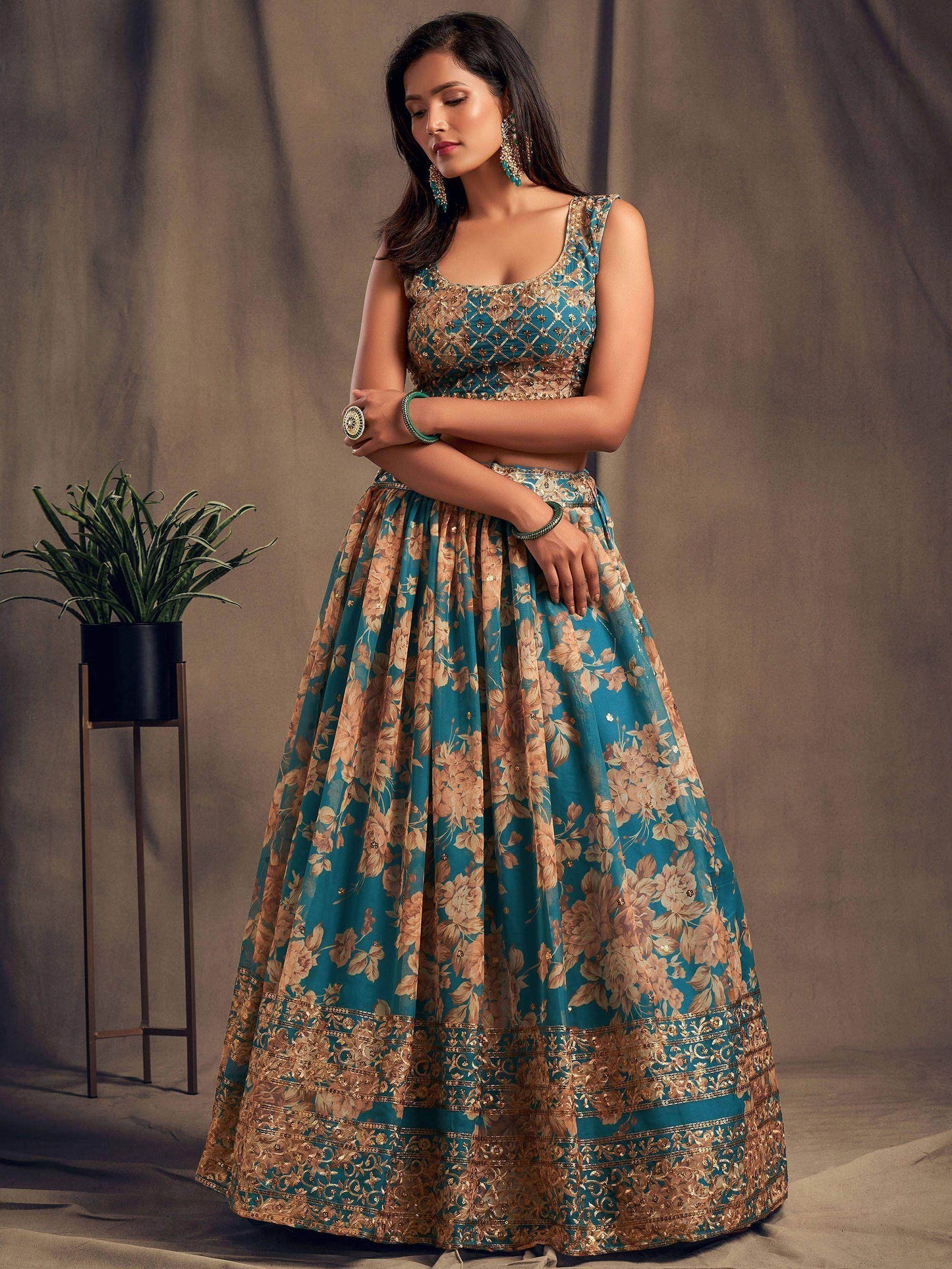 Teal Blue Floral Embroidered Organza Wedding Wear Lehenga Choli