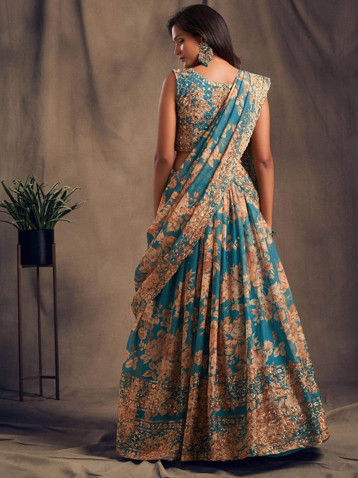 Teal Blue Floral Embroidered Organza Wedding Wear Lehenga Choli