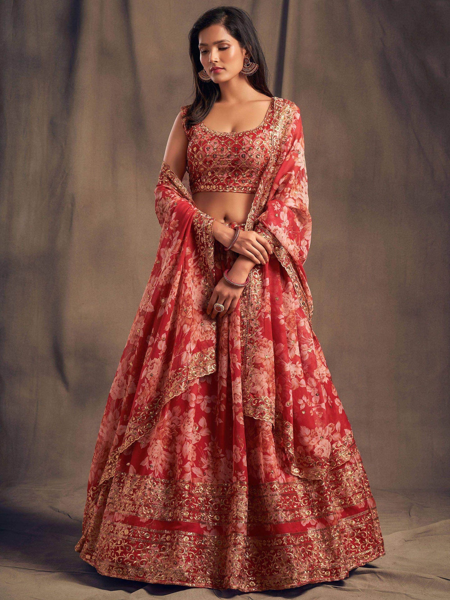 Red Floral Embroidered Organza Wedding Wear Lehenga Choli