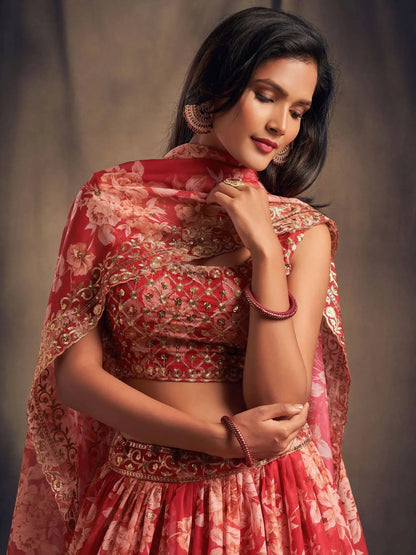 Red Floral Embroidered Organza Wedding Wear Lehenga Choli