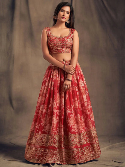Red Floral Embroidered Organza Wedding Wear Lehenga Choli