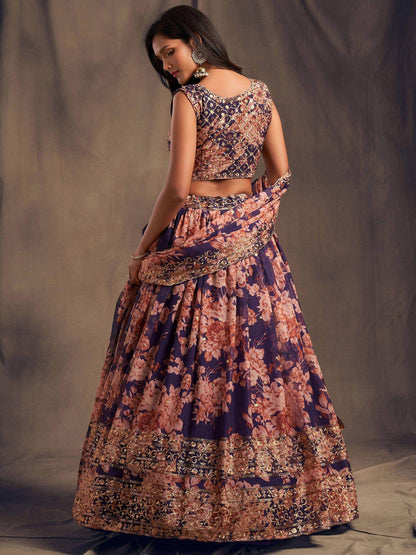 Purple Floral Embroidered Organza Wedding Wear Lehenga Choli