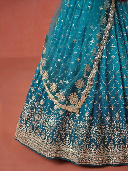 Adorable Teal Blue Georgette Zari Embroidered Lehenga Choli