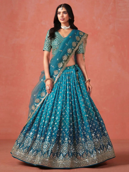 Adorable Teal Blue Georgette Zari Embroidered Lehenga Choli - Ethnic Plus In