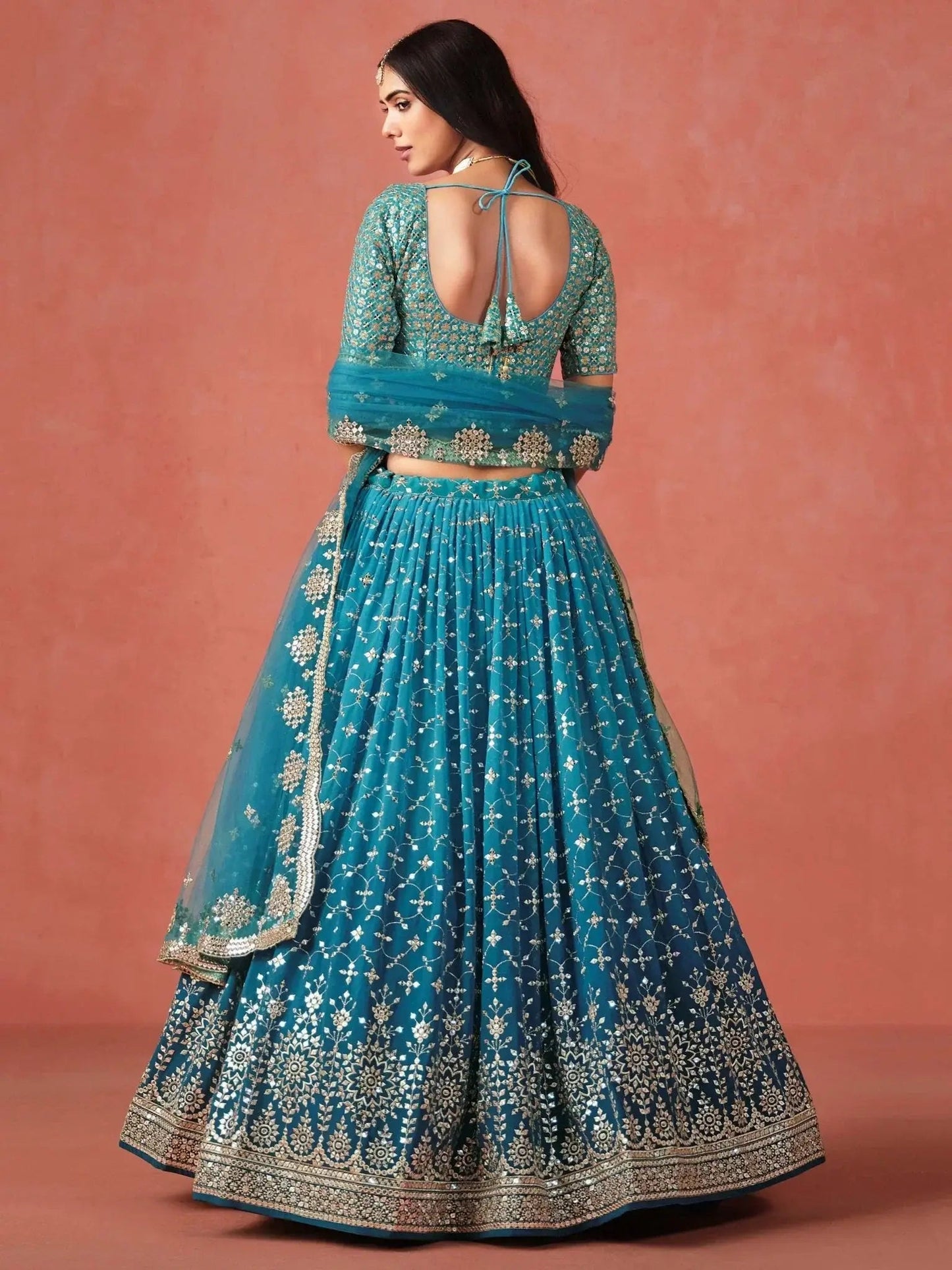 Adorable Teal Blue Georgette Zari Embroidered Lehenga Choli