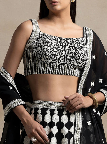 Astonishing Black Thread Work Georgette Lehenga Choli With Dupatta