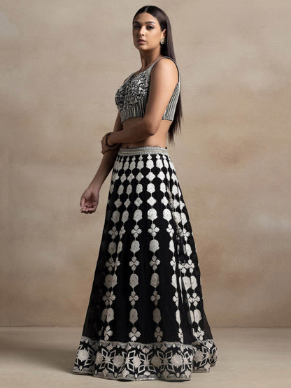 Astonishing Black Thread Work Georgette Lehenga Choli With Dupatta