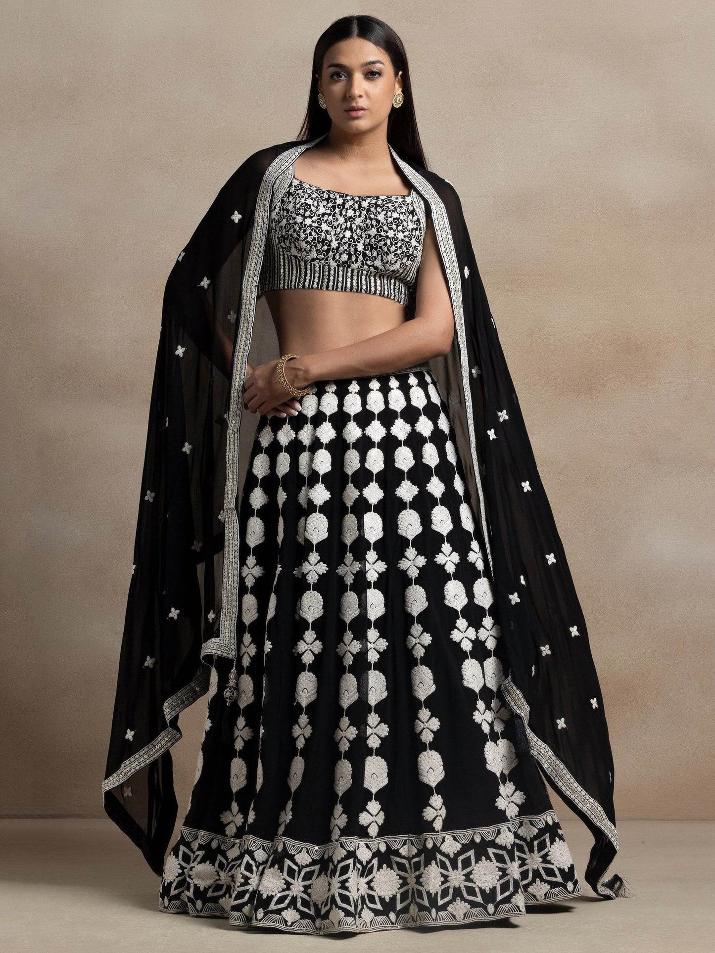 Astonishing Black Thread Work Georgette Lehenga Choli With Dupatta - Zeel Clothing