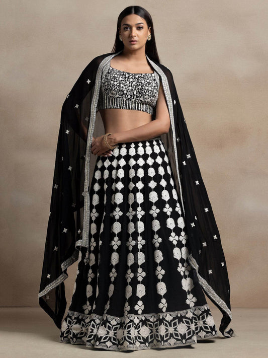 Astonishing Black Thread Work Georgette Lehenga Choli With Dupatta - Zeel Clothing