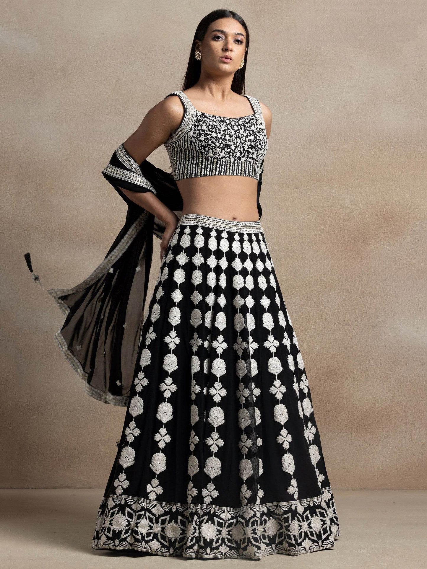 Astonishing Black Thread Work Georgette Lehenga Choli With Dupatta
