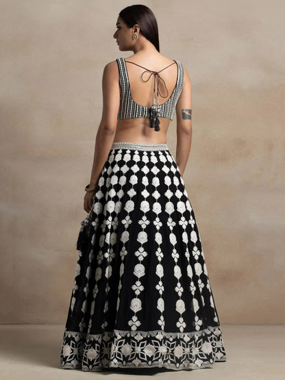 Astonishing Black Thread Work Georgette Lehenga Choli With Dupatta